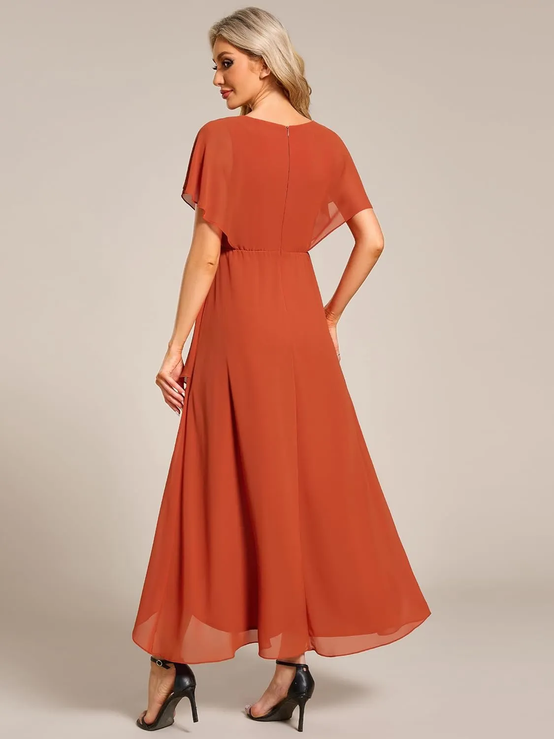 Ever-Pretty Women's Formal Dress A Line V Neck Applique Waist Tea Length Wedding Guest Dress 02027