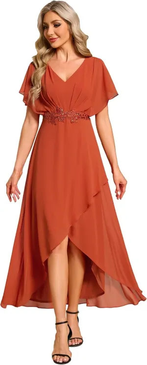Ever-Pretty Women's Formal Dress A Line V Neck Applique Waist Tea Length Wedding Guest Dress 02027