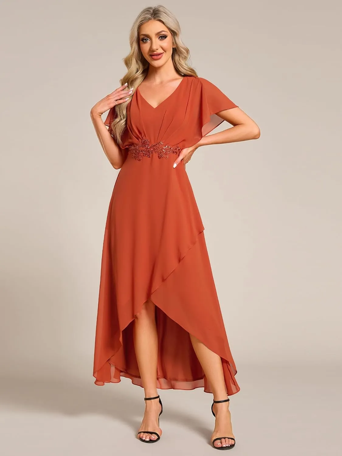 Ever-Pretty Women's Formal Dress A Line V Neck Applique Waist Tea Length Wedding Guest Dress 02027