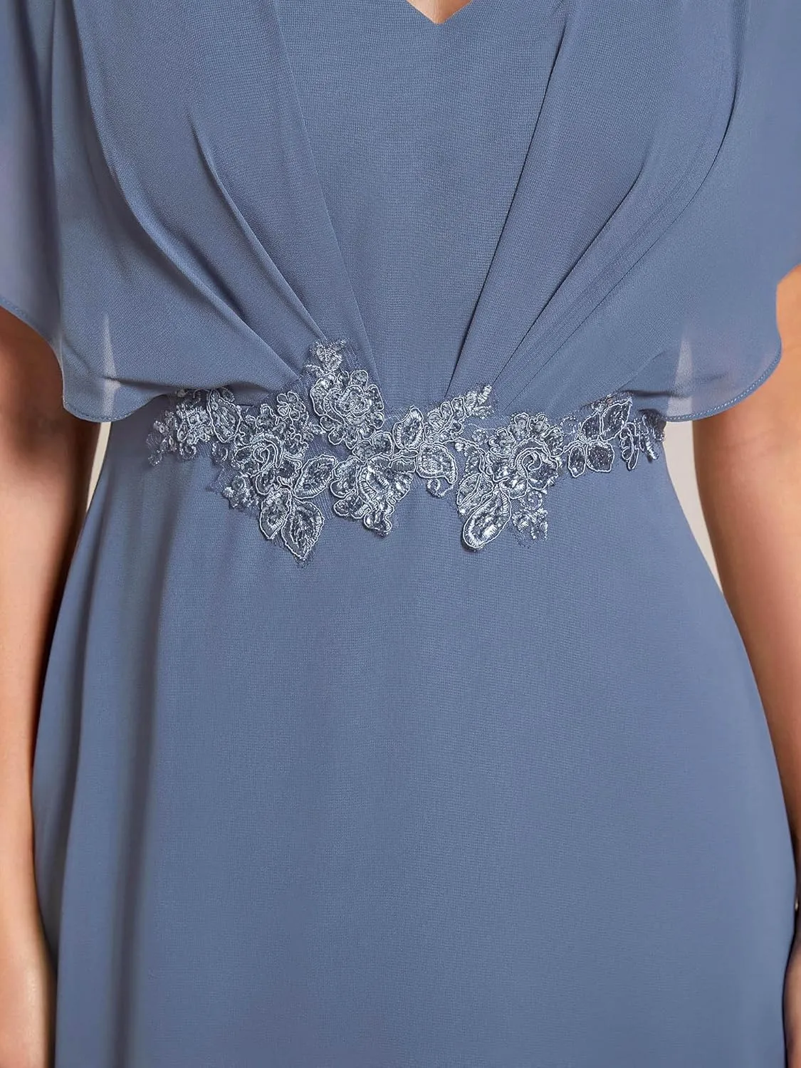 Ever-Pretty Women's Formal Dress A Line V Neck Applique Waist Tea Length Wedding Guest Dress 02027