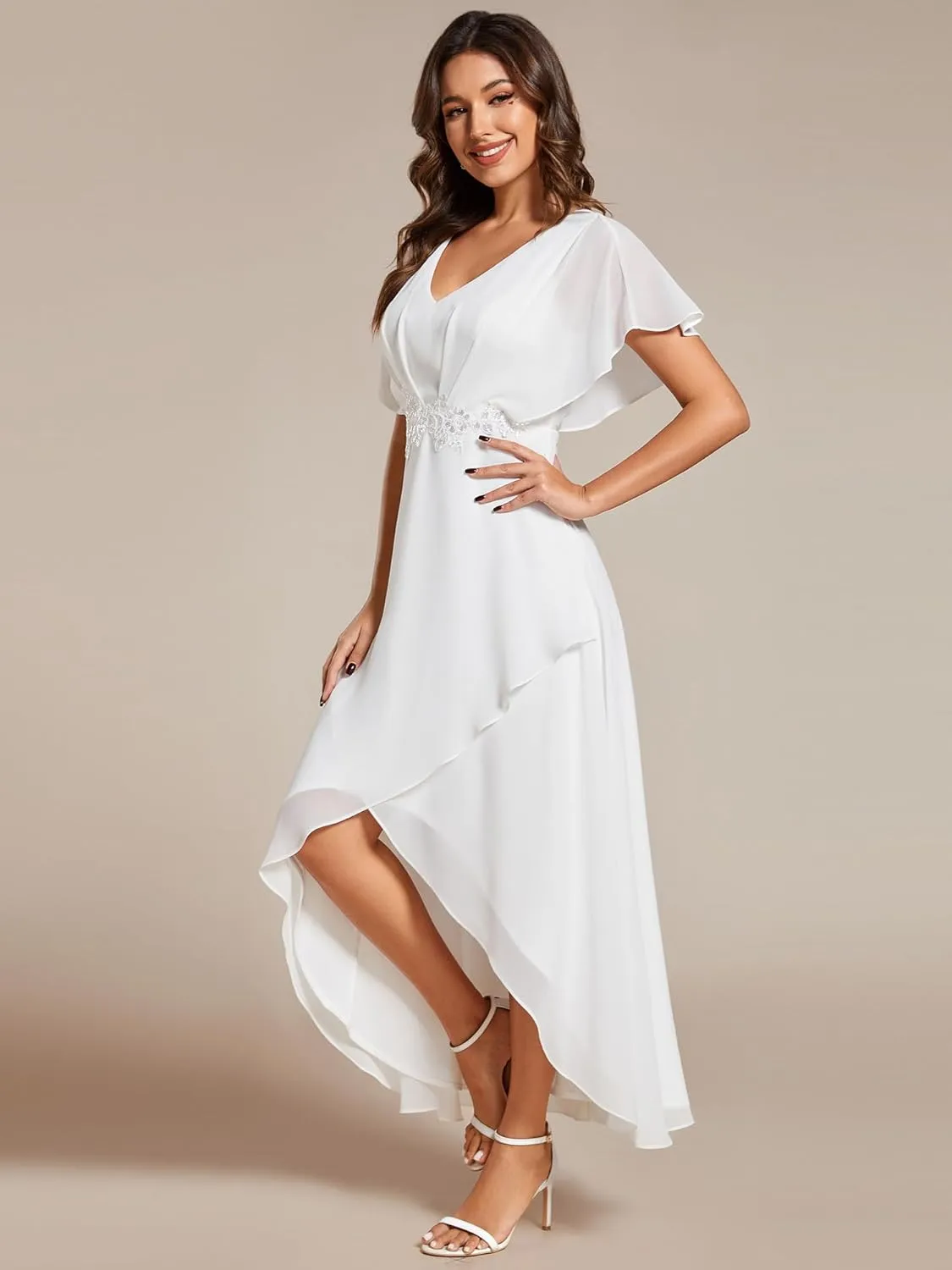 Ever-Pretty Women's Formal Dress A Line V Neck Applique Waist Tea Length Wedding Guest Dress 02027