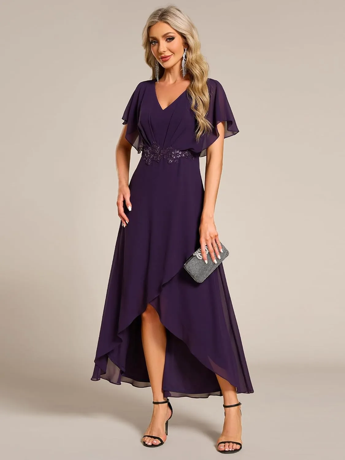 Ever-Pretty Women's Formal Dress A Line V Neck Applique Waist Tea Length Wedding Guest Dress 02027