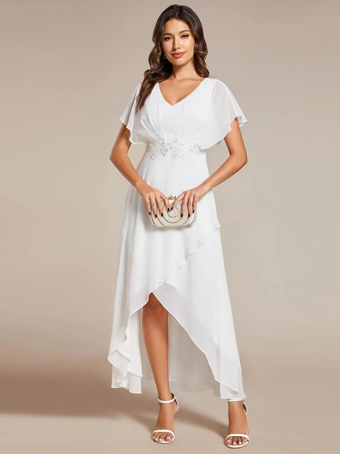 Ever-Pretty Women's Formal Dress A Line V Neck Applique Waist Tea Length Wedding Guest Dress 02027