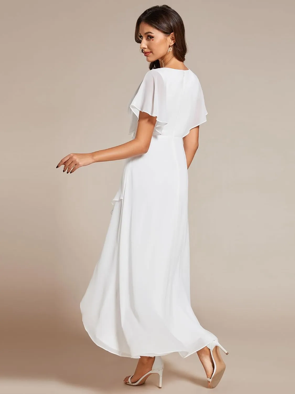 Ever-Pretty Women's Formal Dress A Line V Neck Applique Waist Tea Length Wedding Guest Dress 02027