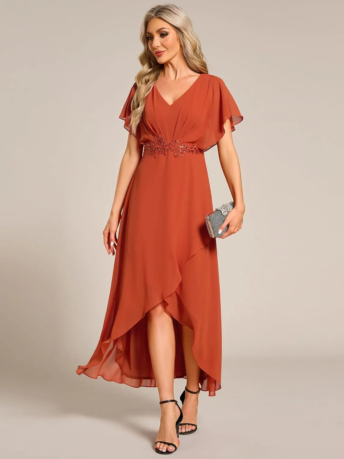 Ever-Pretty Women's Formal Dress A Line V Neck Applique Waist Tea Length Wedding Guest Dress 02027