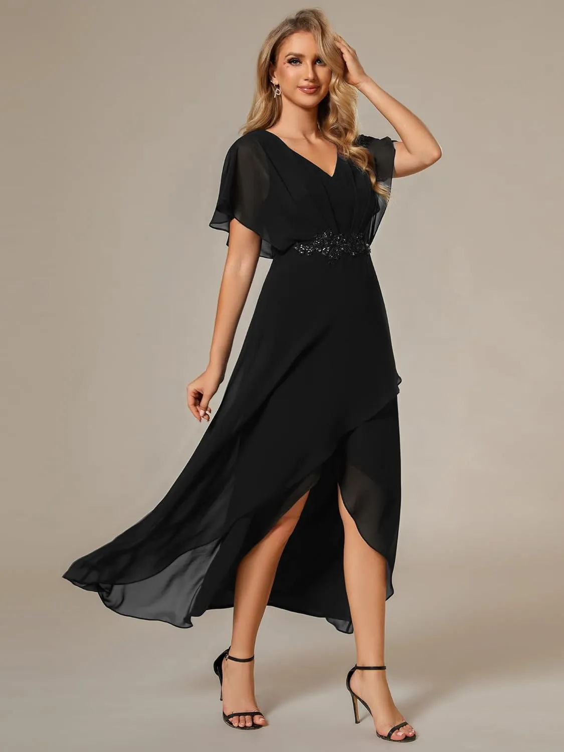 Ever-Pretty Women's Formal Dress A Line V Neck Applique Waist Tea Length Wedding Guest Dress 02027