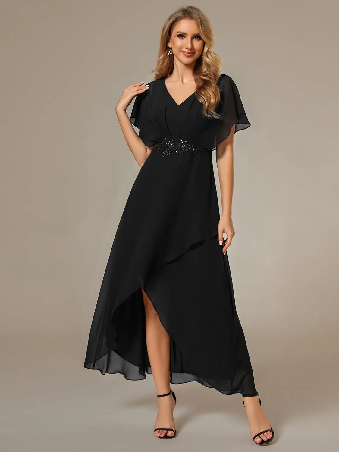 Ever-Pretty Women's Formal Dress A Line V Neck Applique Waist Tea Length Wedding Guest Dress 02027
