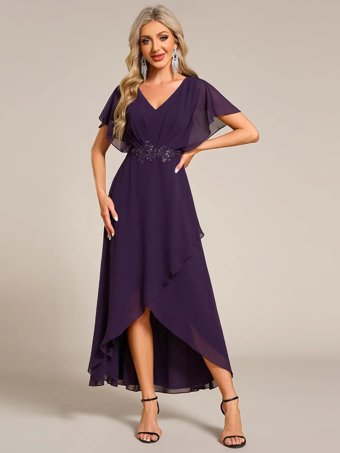 Ever-Pretty Women's Formal Dress A Line V Neck Applique Waist Tea Length Wedding Guest Dress 02027