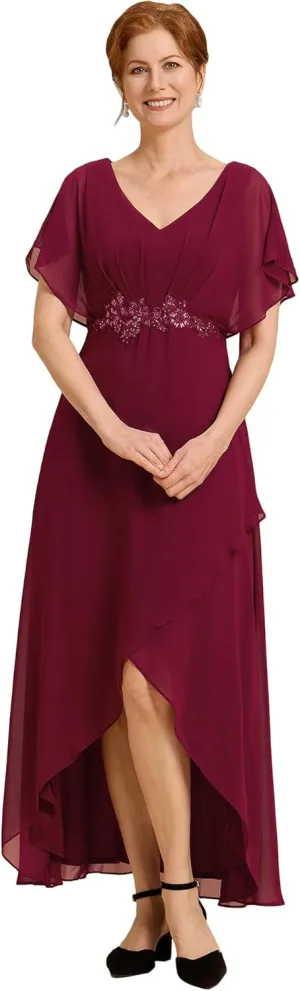 Ever-Pretty Women's Formal Dress A Line V Neck Applique Waist Tea Length Wedding Guest Dress 02027