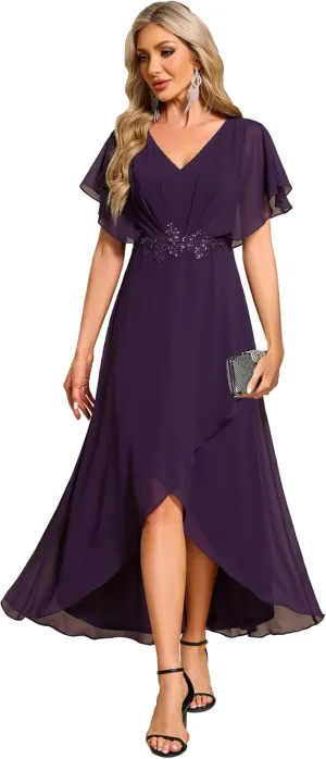 Ever-Pretty Women's Formal Dress A Line V Neck Applique Waist Tea Length Wedding Guest Dress 02027