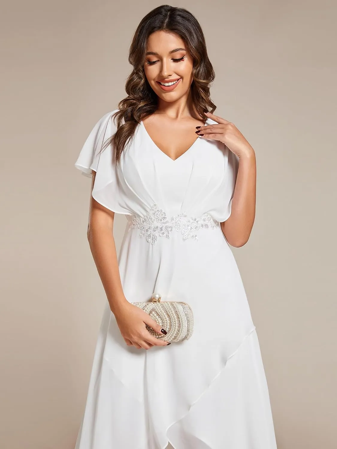 Ever-Pretty Women's Formal Dress A Line V Neck Applique Waist Tea Length Wedding Guest Dress 02027