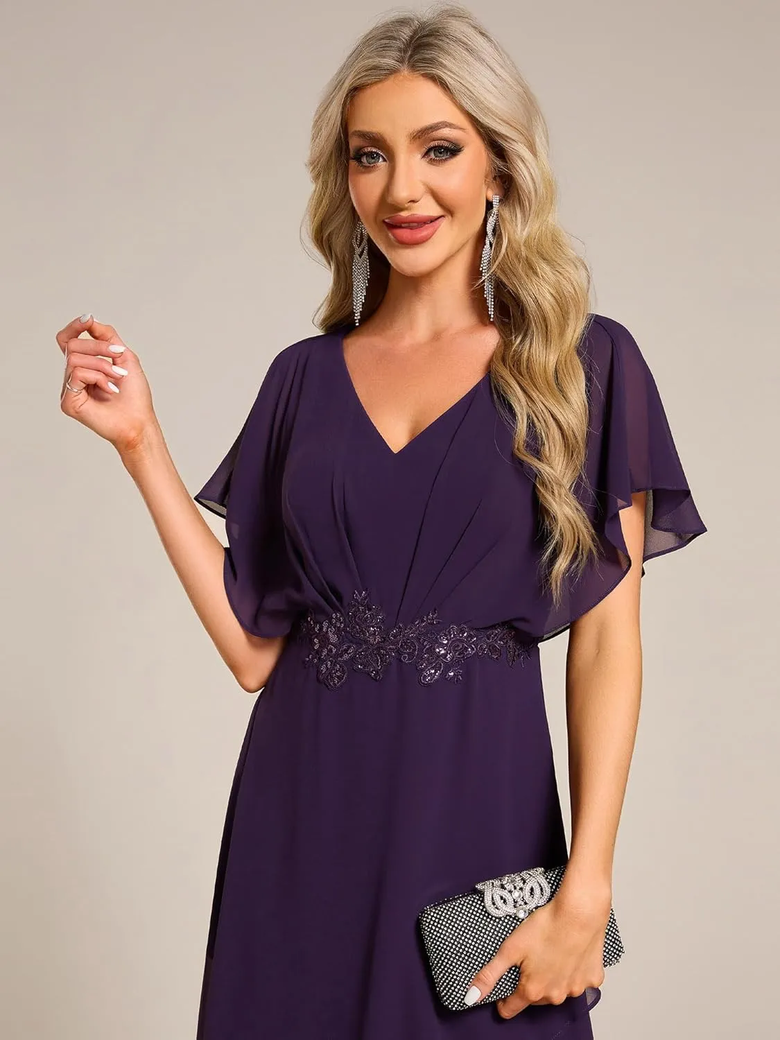 Ever-Pretty Women's Formal Dress A Line V Neck Applique Waist Tea Length Wedding Guest Dress 02027