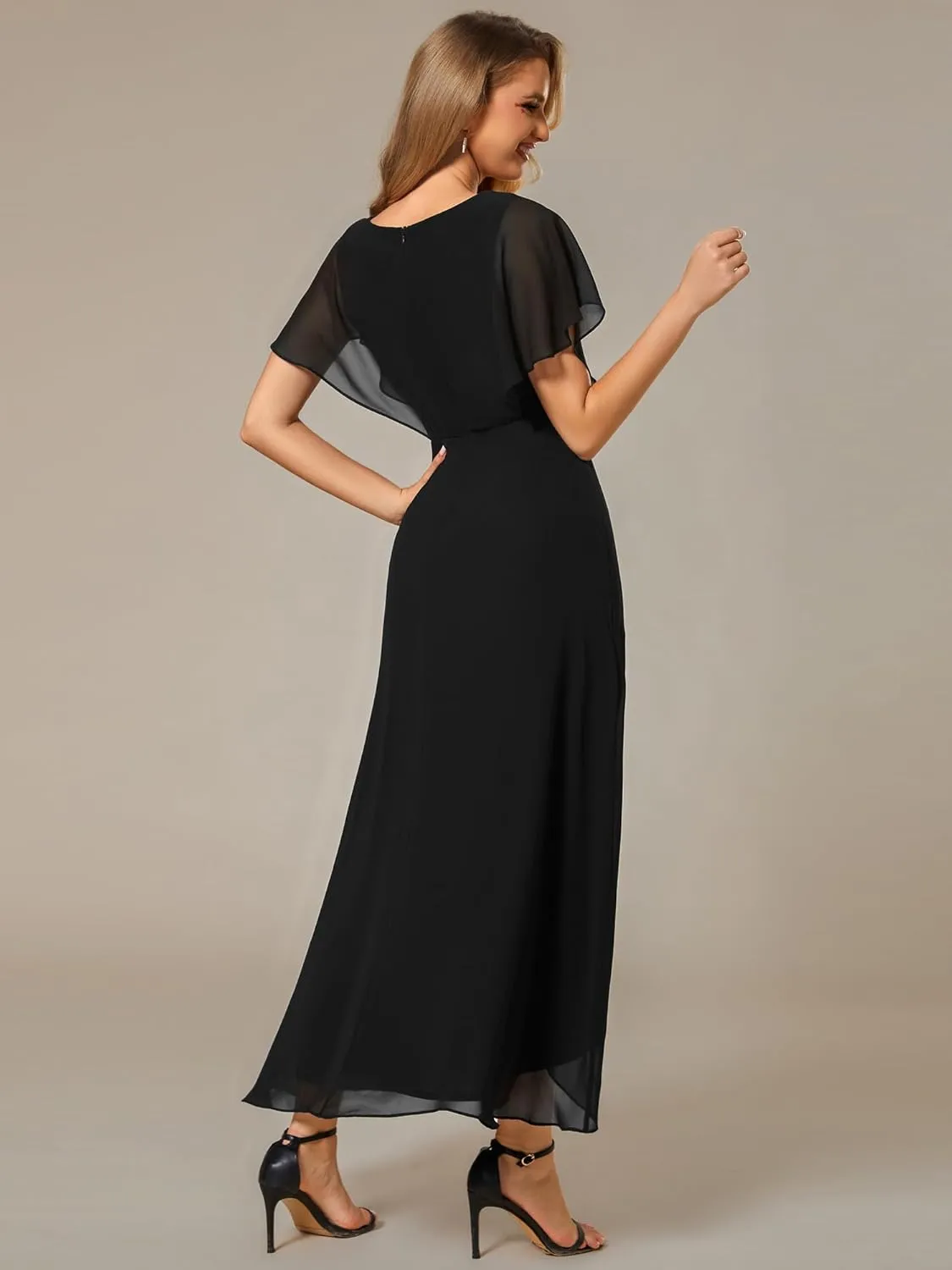 Ever-Pretty Women's Formal Dress A Line V Neck Applique Waist Tea Length Wedding Guest Dress 02027