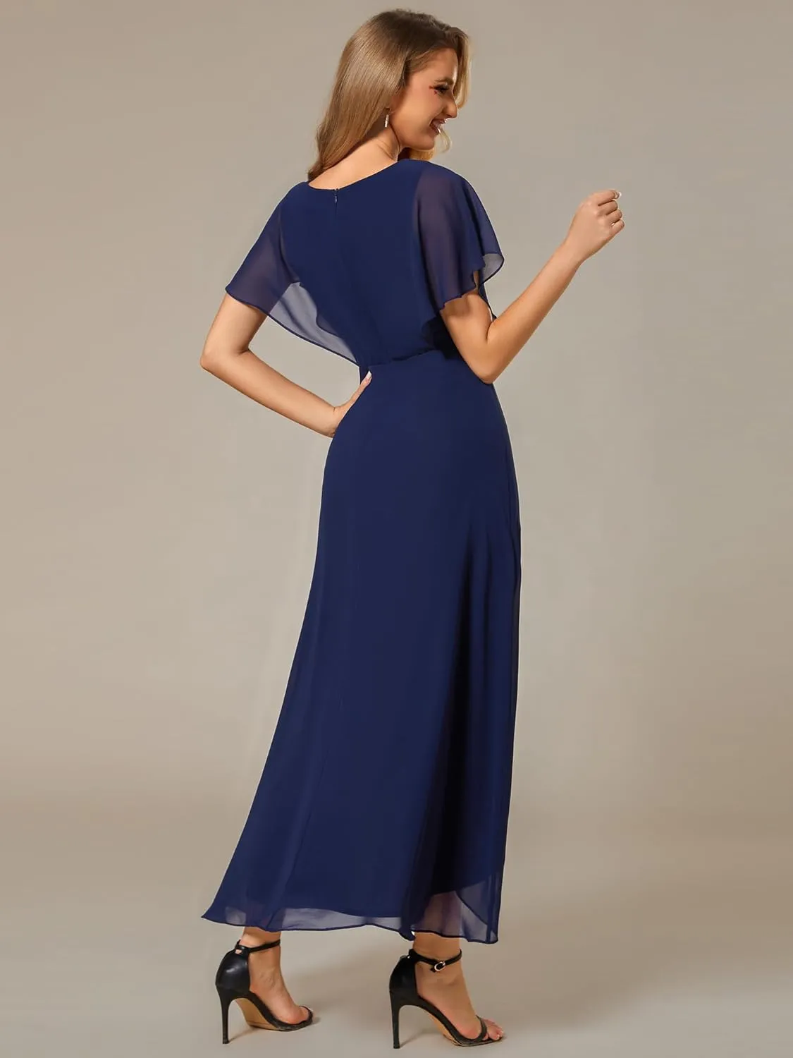 Ever-Pretty Women's Formal Dress A Line V Neck Applique Waist Tea Length Wedding Guest Dress 02027