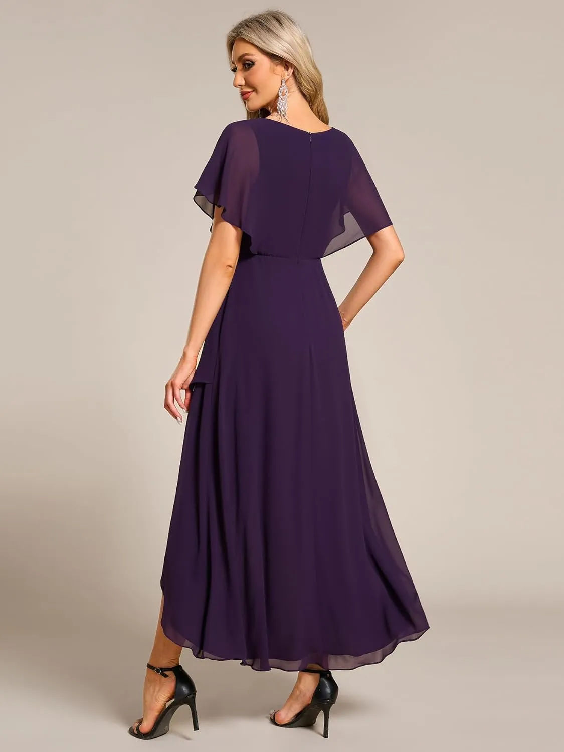 Ever-Pretty Women's Formal Dress A Line V Neck Applique Waist Tea Length Wedding Guest Dress 02027
