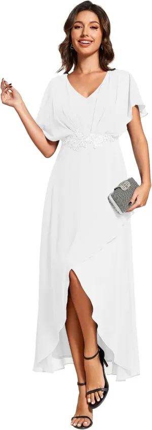 Ever-Pretty Women's Formal Dress A Line V Neck Applique Waist Tea Length Wedding Guest Dress 02027