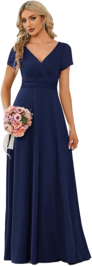 Ever-Pretty Women's Formal Dress Ruched Waist V Neck A Line Bridesmiad Dress with Sleeves 01730