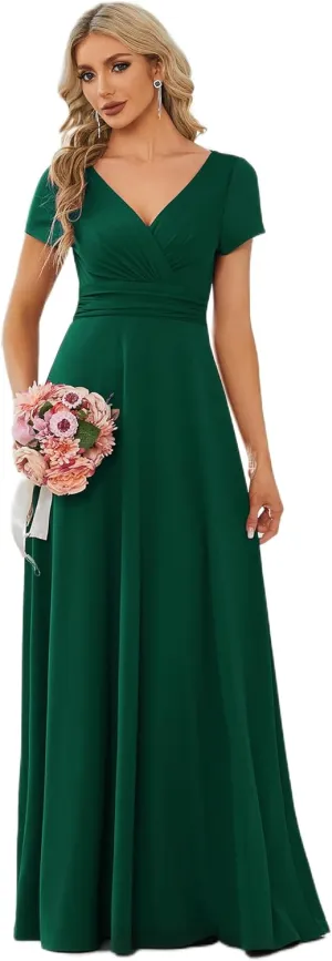 Ever-Pretty Women's Formal Dress Ruched Waist V Neck A Line Bridesmiad Dress with Sleeves 01730