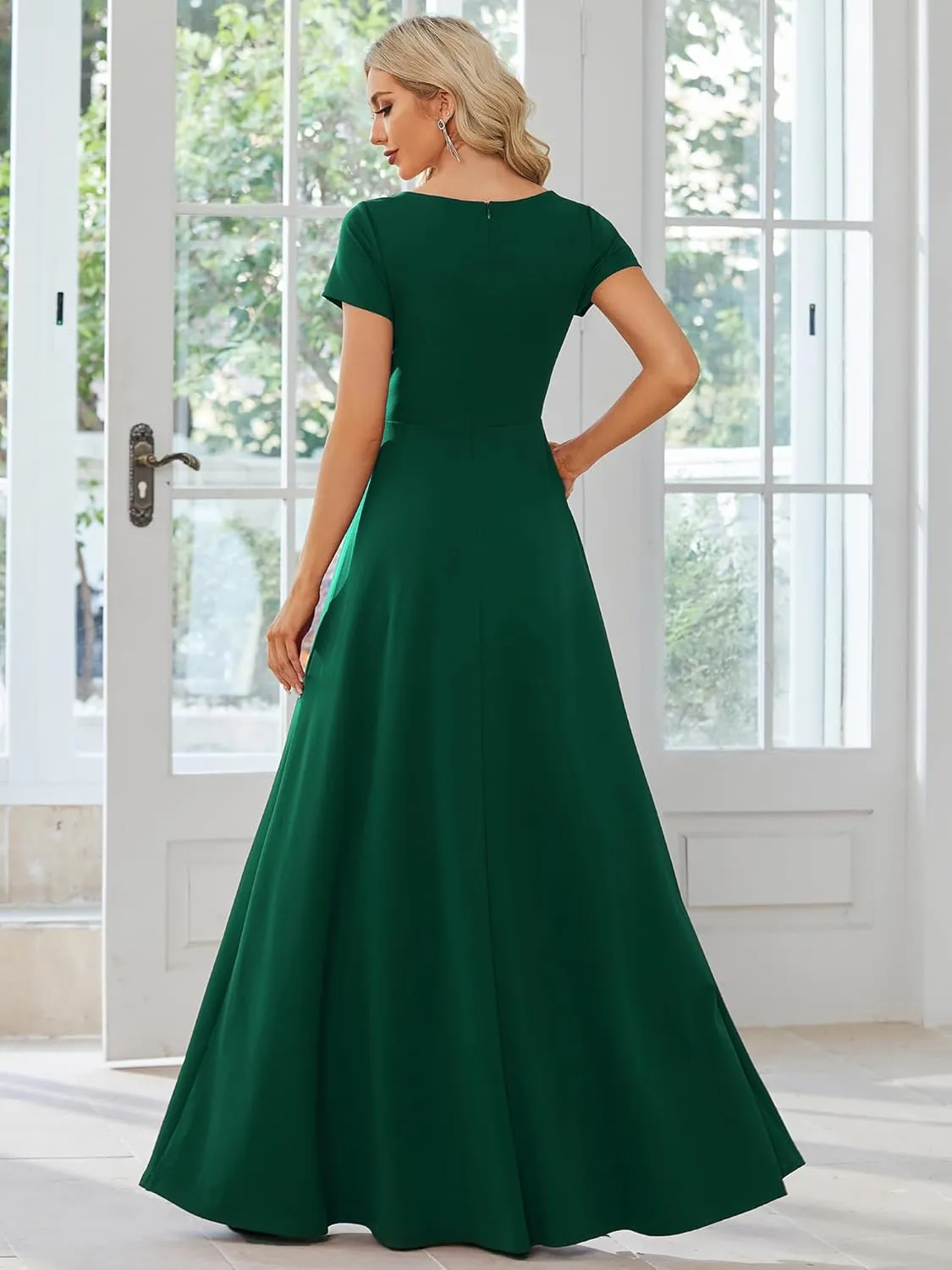 Ever-Pretty Women's Formal Dress Ruched Waist V Neck A Line Bridesmiad Dress with Sleeves 01730