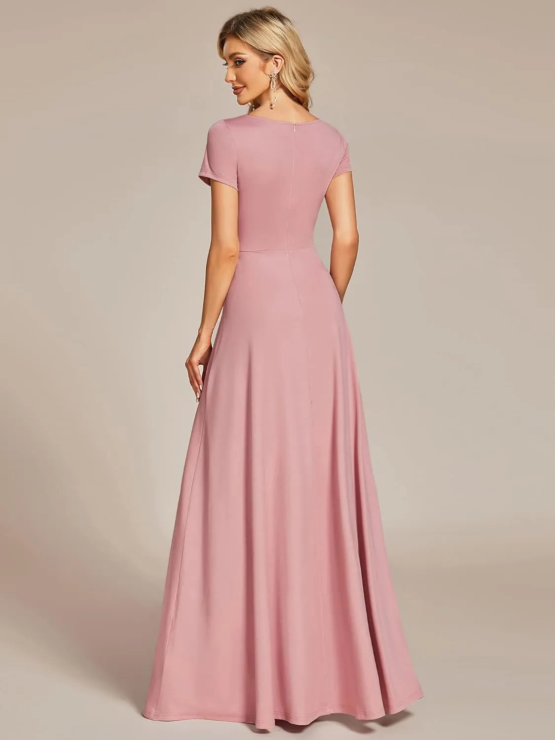 Ever-Pretty Women's Formal Dress Ruched Waist V Neck A Line Bridesmiad Dress with Sleeves 01730