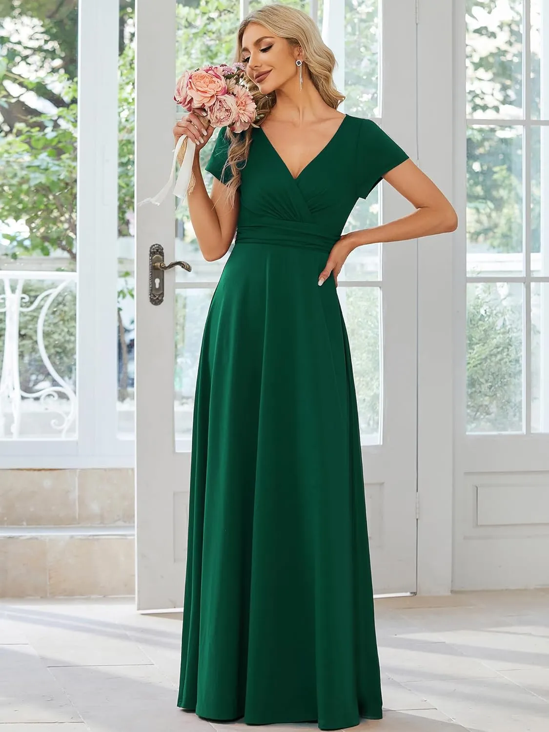 Ever-Pretty Women's Formal Dress Ruched Waist V Neck A Line Bridesmiad Dress with Sleeves 01730