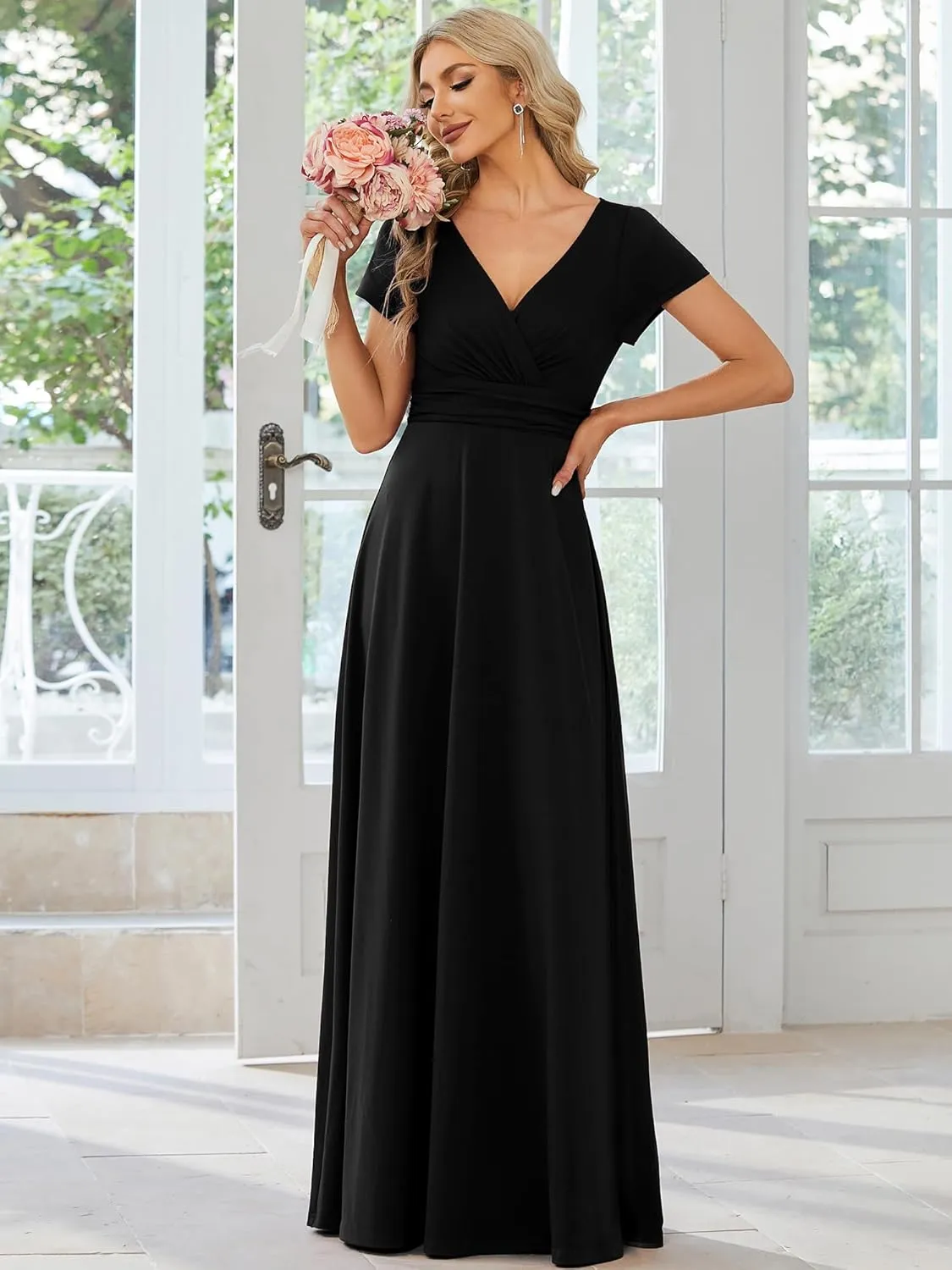 Ever-Pretty Women's Formal Dress Ruched Waist V Neck A Line Bridesmiad Dress with Sleeves 01730
