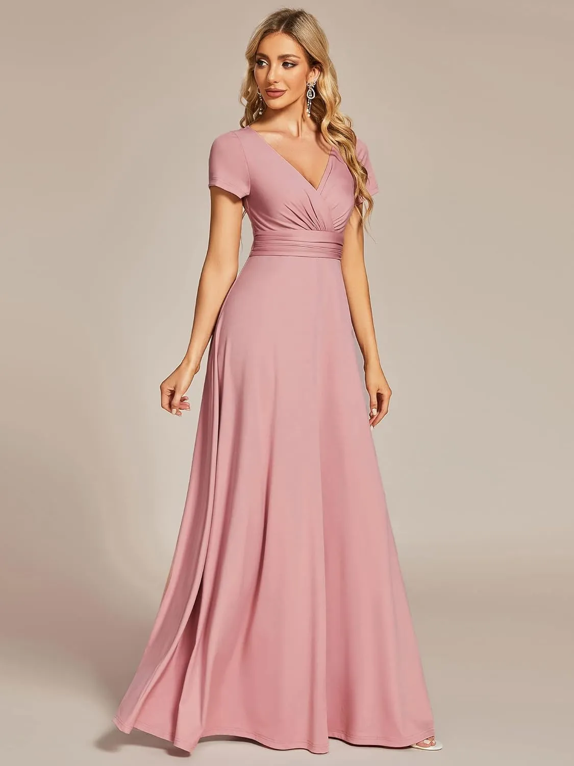 Ever-Pretty Women's Formal Dress Ruched Waist V Neck A Line Bridesmiad Dress with Sleeves 01730