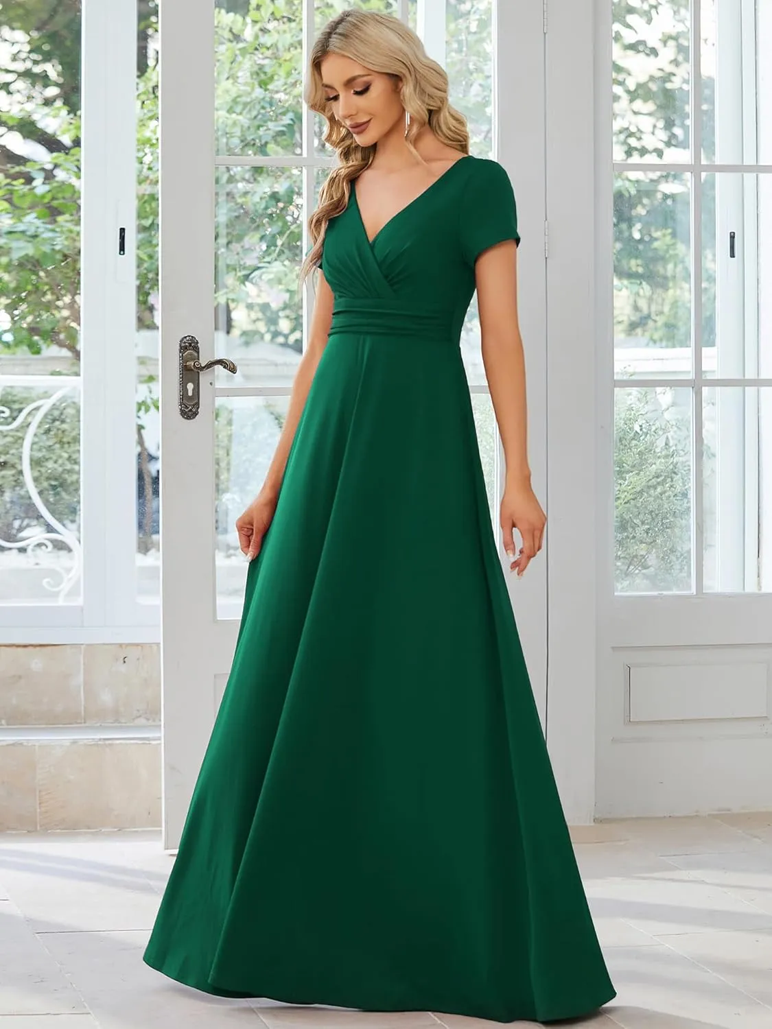 Ever-Pretty Women's Formal Dress Ruched Waist V Neck A Line Bridesmiad Dress with Sleeves 01730