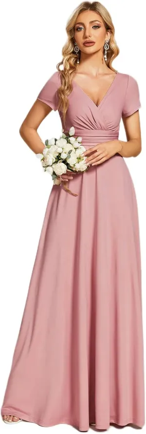 Ever-Pretty Women's Formal Dress Ruched Waist V Neck A Line Bridesmiad Dress with Sleeves 01730