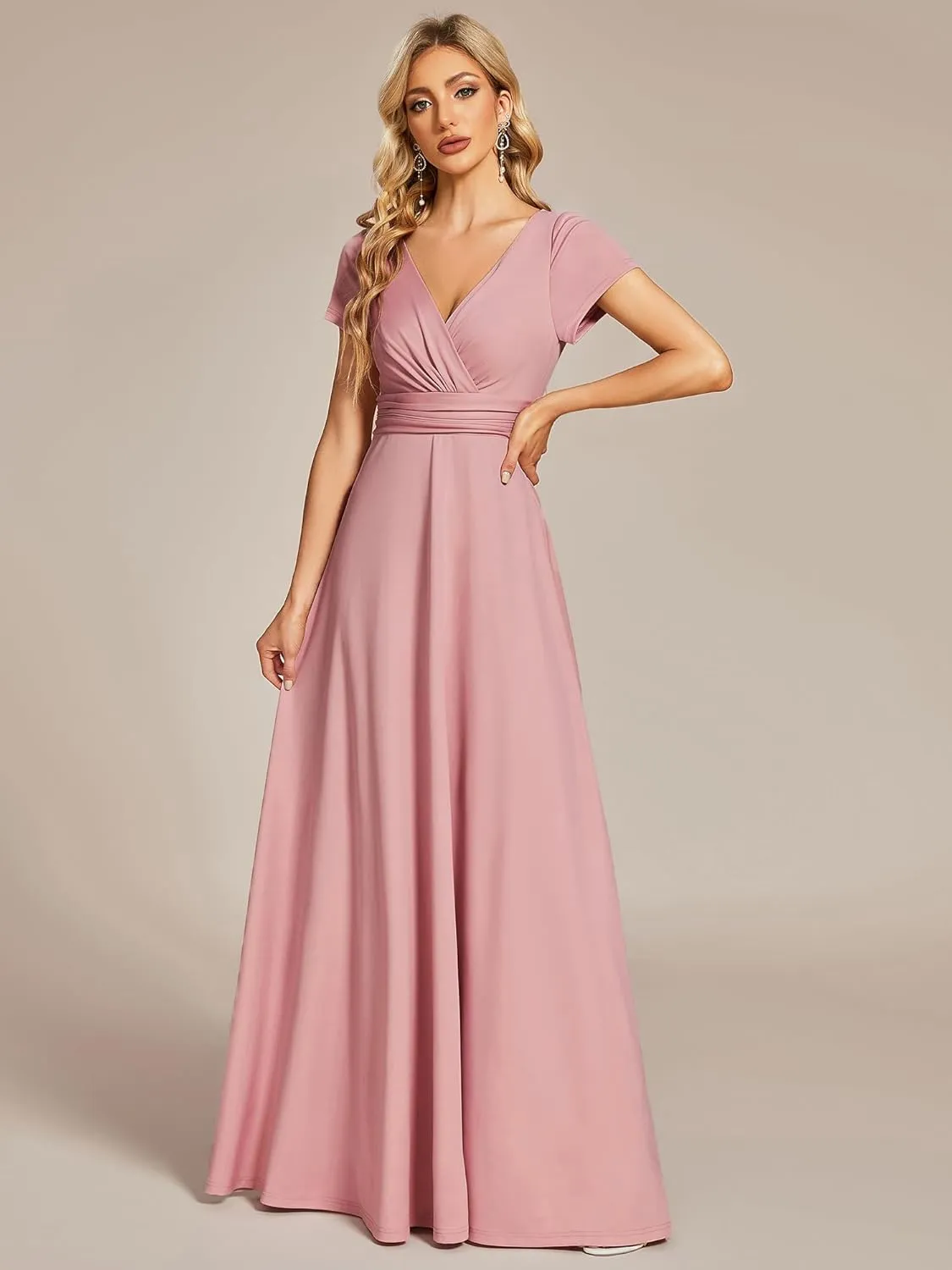 Ever-Pretty Women's Formal Dress Ruched Waist V Neck A Line Bridesmiad Dress with Sleeves 01730