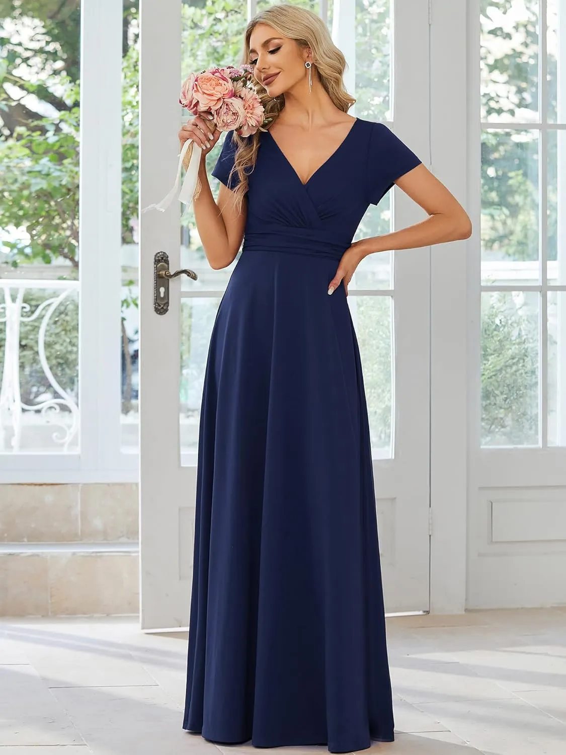 Ever-Pretty Women's Formal Dress Ruched Waist V Neck A Line Bridesmiad Dress with Sleeves 01730