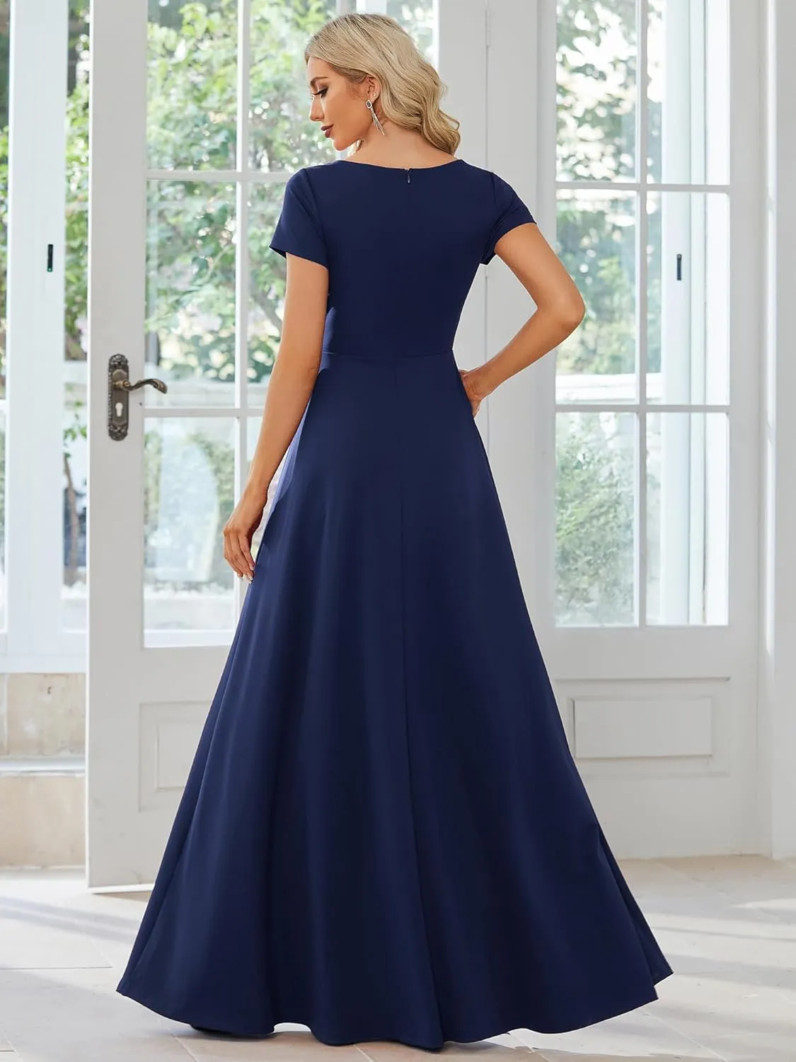 Ever-Pretty Women's Formal Dress Ruched Waist V Neck A Line Bridesmiad Dress with Sleeves 01730