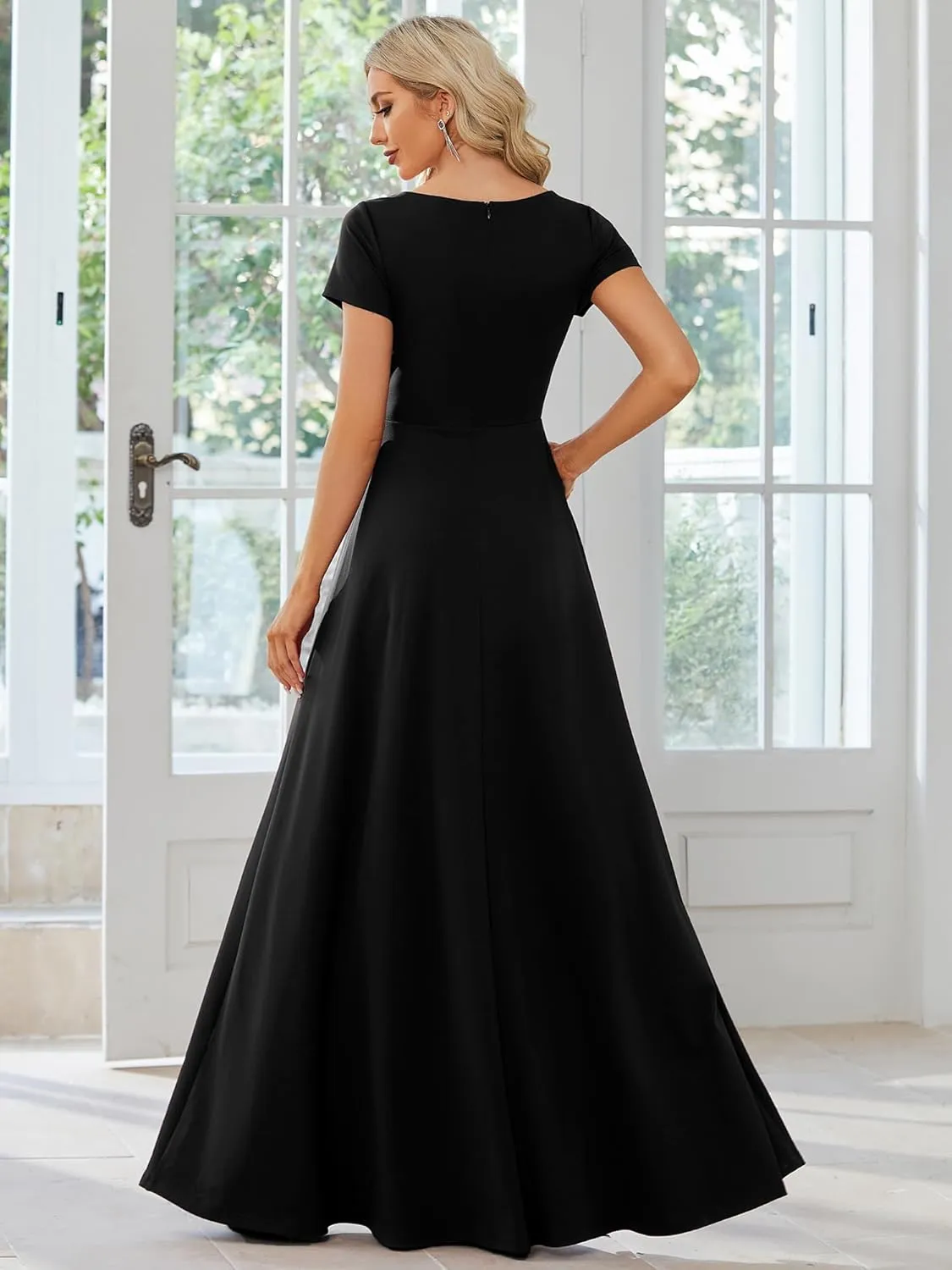Ever-Pretty Women's Formal Dress Ruched Waist V Neck A Line Bridesmiad Dress with Sleeves 01730