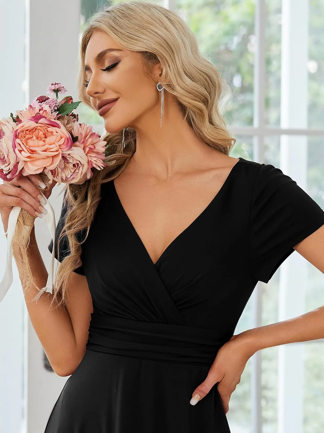 Ever-Pretty Women's Formal Dress Ruched Waist V Neck A Line Bridesmiad Dress with Sleeves 01730