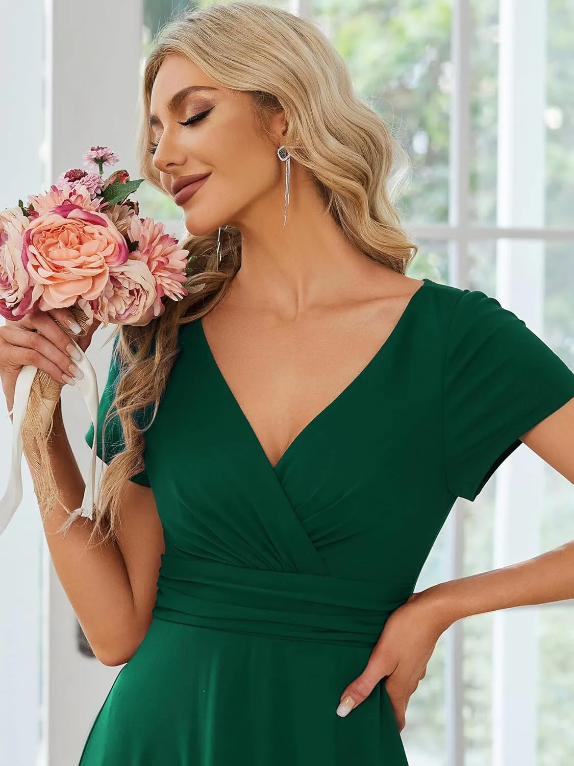 Ever-Pretty Women's Formal Dress Ruched Waist V Neck A Line Bridesmiad Dress with Sleeves 01730
