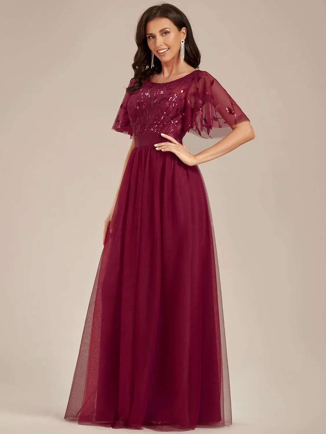 Ever-Pretty Women's Formal Dresses Crew Neck Sequin Ruffle Sleeve Empire Waist Beaded Long Evening Dresses 00904
