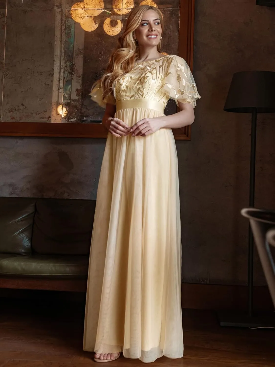 Ever-Pretty Women's Formal Dresses Crew Neck Sequin Ruffle Sleeve Empire Waist Beaded Long Evening Dresses 00904