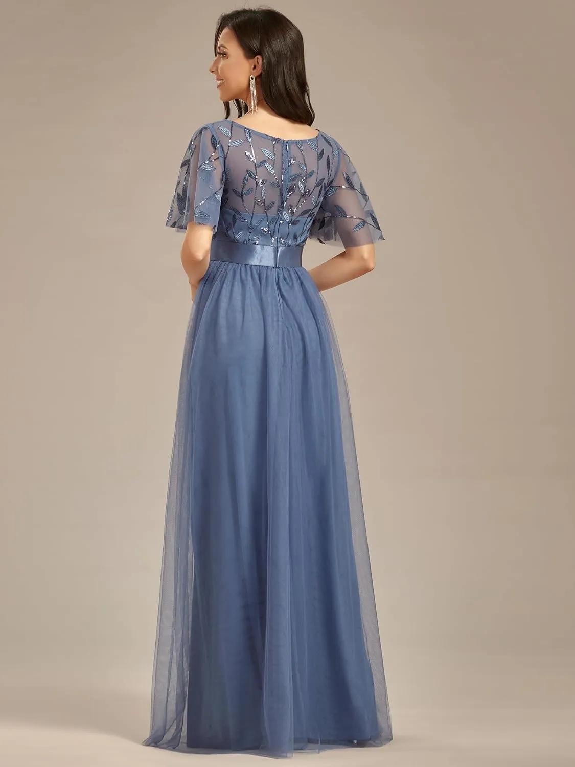Ever-Pretty Women's Formal Dresses Crew Neck Sequin Ruffle Sleeve Empire Waist Beaded Long Evening Dresses 00904
