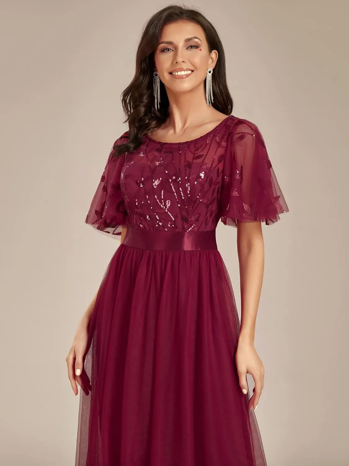 Ever-Pretty Women's Formal Dresses Crew Neck Sequin Ruffle Sleeve Empire Waist Beaded Long Evening Dresses 00904