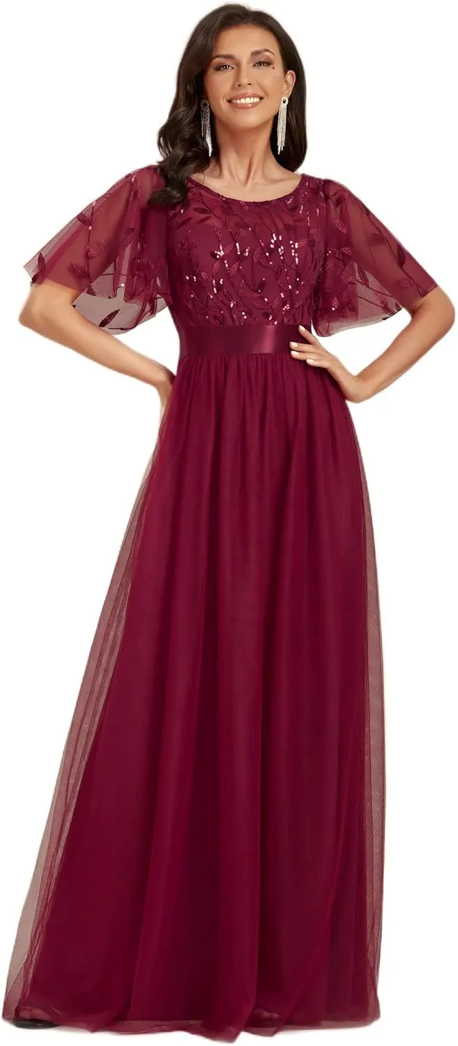 Ever-Pretty Women's Formal Dresses Crew Neck Sequin Ruffle Sleeve Empire Waist Beaded Long Evening Dresses 00904
