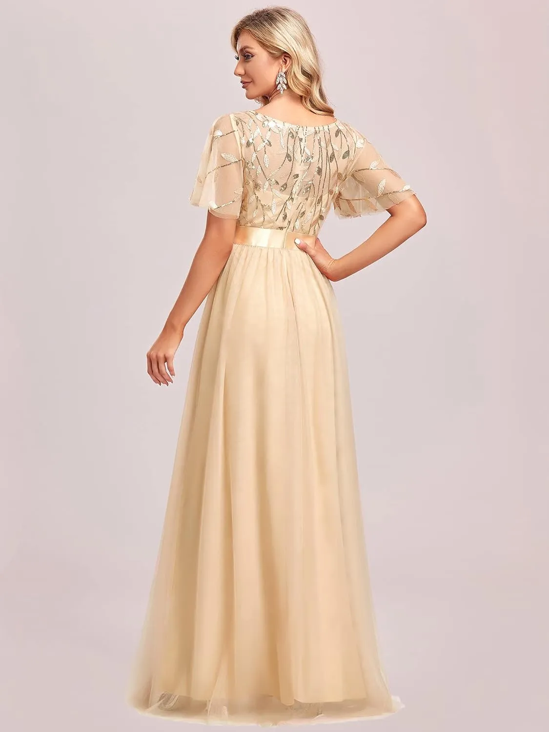 Ever-Pretty Women's Formal Dresses Crew Neck Sequin Ruffle Sleeve Empire Waist Beaded Long Evening Dresses 00904