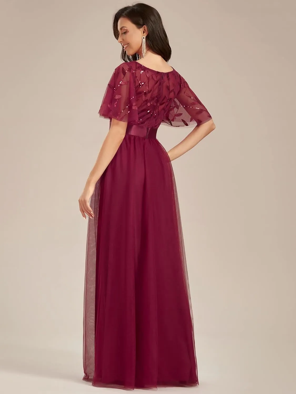 Ever-Pretty Women's Formal Dresses Crew Neck Sequin Ruffle Sleeve Empire Waist Beaded Long Evening Dresses 00904