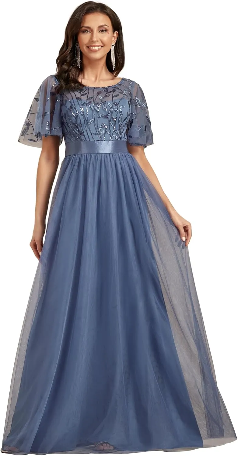 Ever-Pretty Women's Formal Dresses Crew Neck Sequin Ruffle Sleeve Empire Waist Beaded Long Evening Dresses 00904