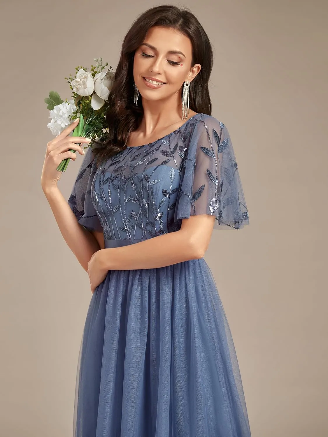 Ever-Pretty Women's Formal Dresses Crew Neck Sequin Ruffle Sleeve Empire Waist Beaded Long Evening Dresses 00904