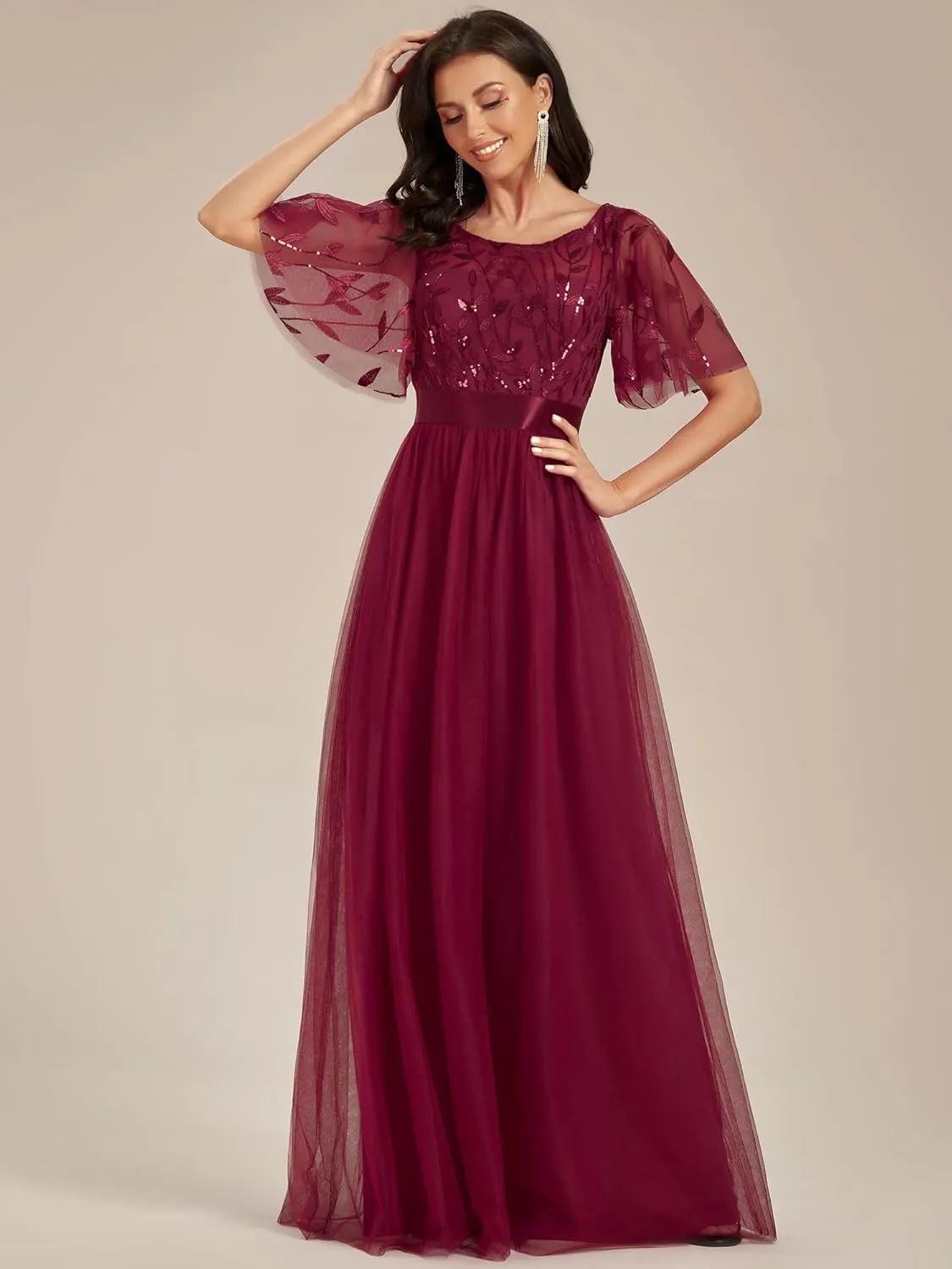 Ever-Pretty Women's Formal Dresses Crew Neck Sequin Ruffle Sleeve Empire Waist Beaded Long Evening Dresses 00904