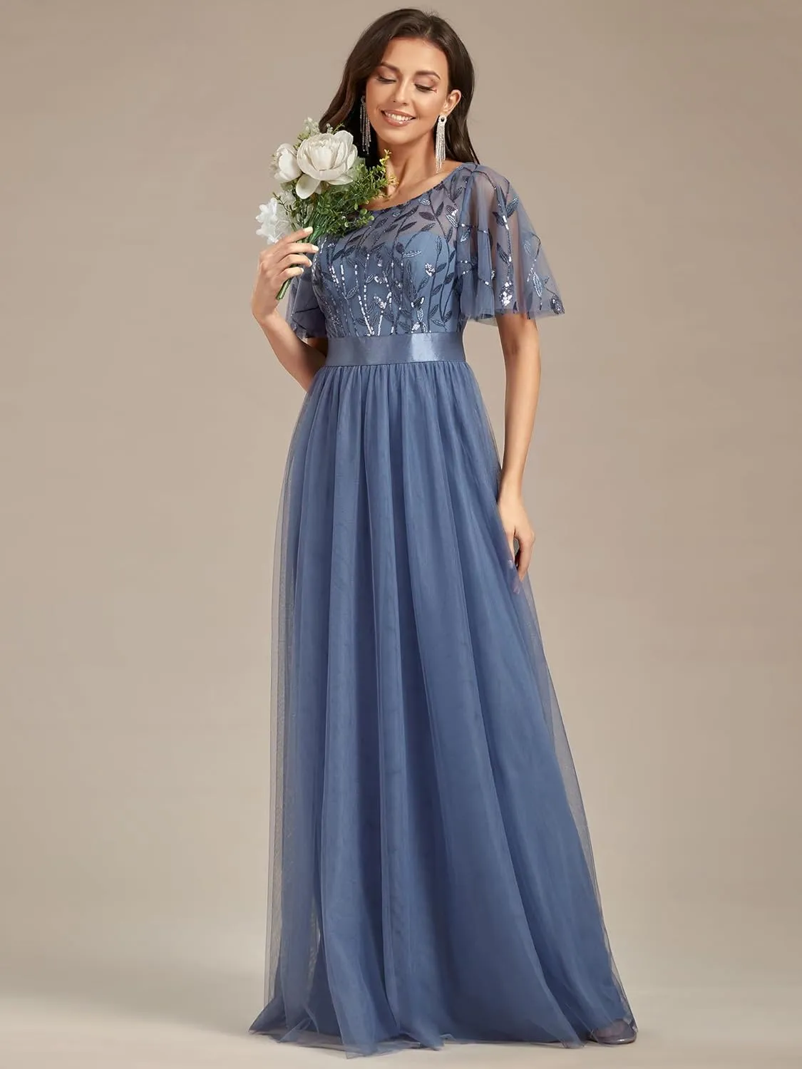 Ever-Pretty Women's Formal Dresses Crew Neck Sequin Ruffle Sleeve Empire Waist Beaded Long Evening Dresses 00904