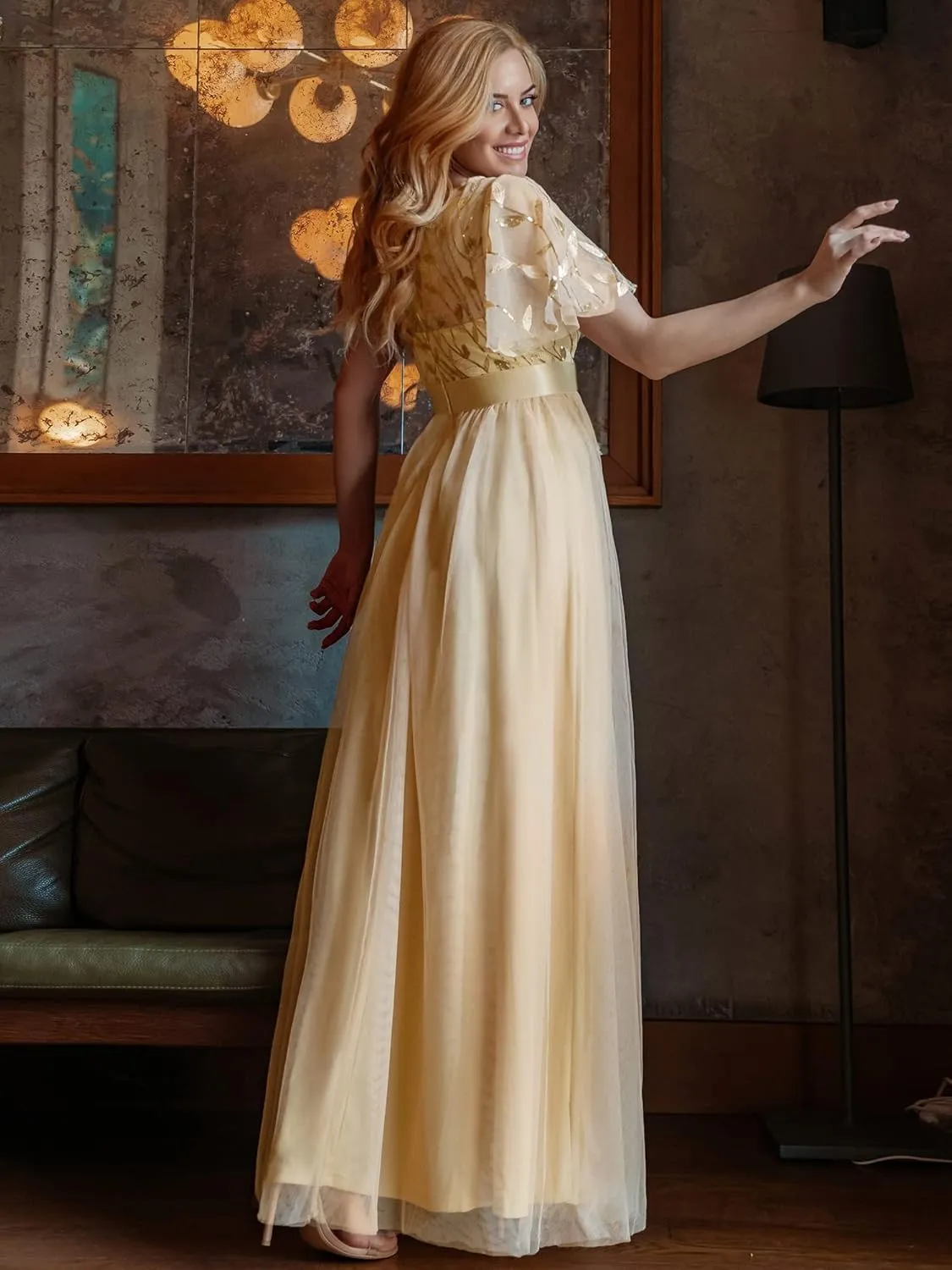 Ever-Pretty Women's Formal Dresses Crew Neck Sequin Ruffle Sleeve Empire Waist Beaded Long Evening Dresses 00904