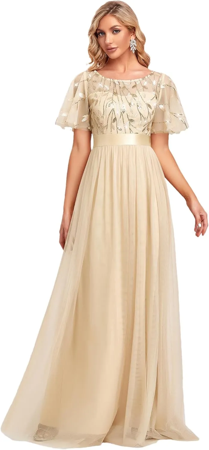 Ever-Pretty Women's Formal Dresses Crew Neck Sequin Ruffle Sleeve Empire Waist Beaded Long Evening Dresses 00904