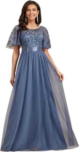 Ever-Pretty Women's Formal Dresses Crew Neck Sequin Ruffle Sleeve Empire Waist Beaded Long Evening Dresses 00904