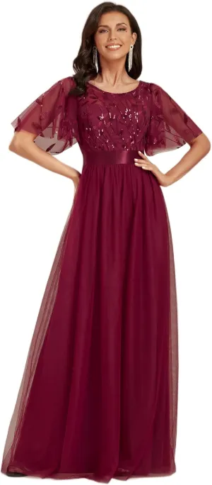 Ever-Pretty Women's Formal Dresses Crew Neck Sequin Ruffle Sleeve Empire Waist Beaded Long Evening Dresses 00904